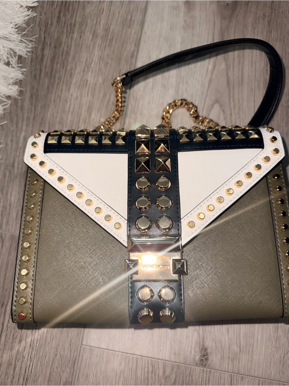 Michael Kors Olive, Black & White Studded Crossbody with Gold Chain - Picture 2 of 5